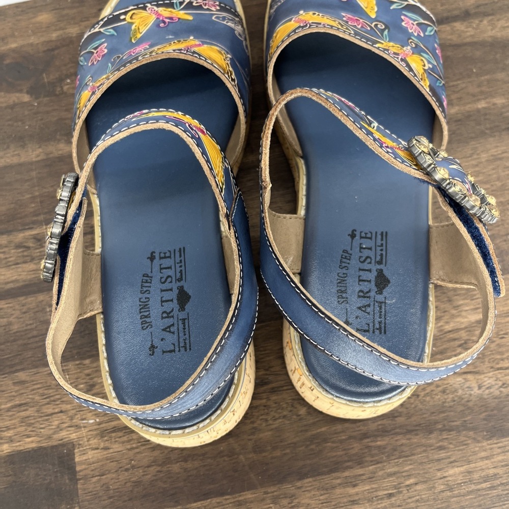 L'Artiste Spring Step Butterfly Cork Wedge Sandals 41 Blue Floral Buckle Kenna - Picture 8 of 11